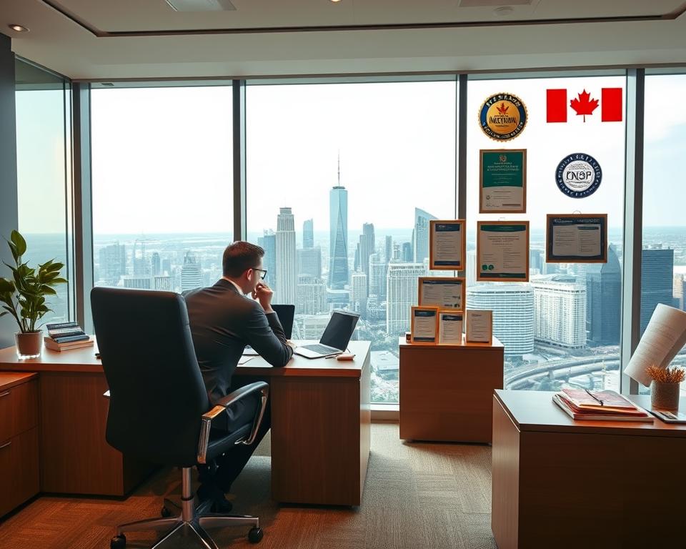 A modern, well-appointed office interior featuring a prominent desk and chair, representing a professional Canada immigration consultant service. In the foreground, a thoughtful consultant sits at the desk, meeting with a client. The middle ground showcases informative brochures, awards, and certifications, highlighting the company's expertise and credentials. The background depicts a panoramic view of a bustling city skyline, conveying the global reach and impact of the immigration services offered. Warm, natural lighting illuminates the scene, creating a welcoming and trustworthy ambiance. The overall composition exudes a sense of professionalism, expertise, and dedication to assisting individuals in their Canadian immigration journey.