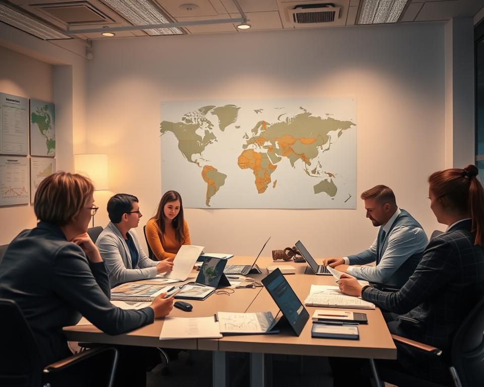 An office interior with a team of Canada immigration consultants conducting pre-flight planning for prospective immigrants. The scene is bathed in warm, inviting lighting, with a large world map on the wall and various travel-related documents and digital displays on the desks. The consultants are engaged in active discussion, guiding clients through the logistics and paperwork necessary for a successful immigration journey. The atmosphere conveys a sense of professionalism, expertise, and a commitment to helping individuals unlock new opportunities in Canada.